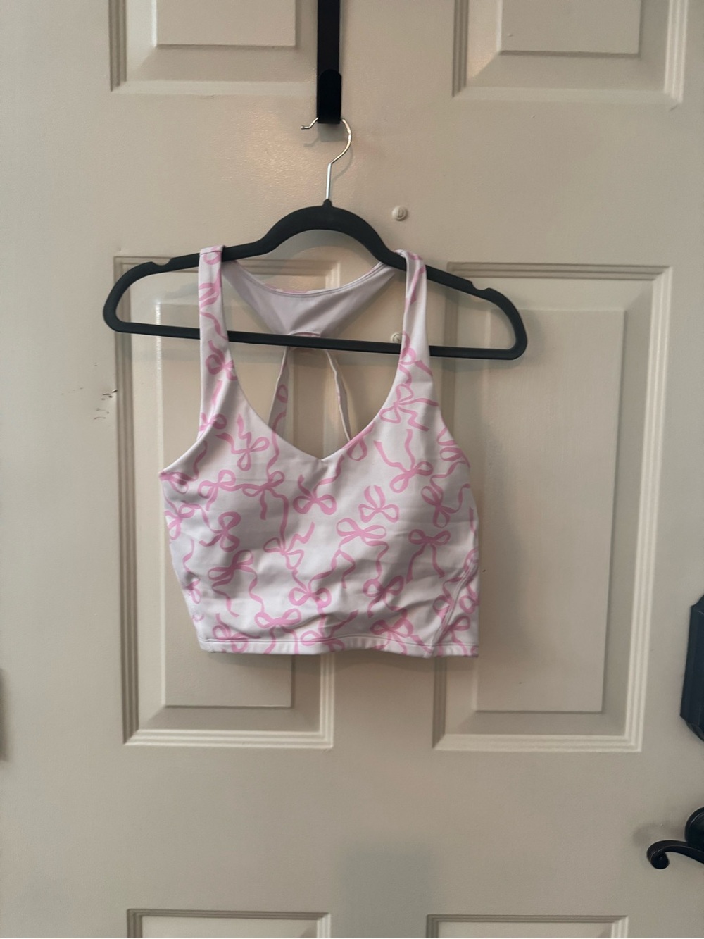 Pink Bow-Print White Sports Bra with Racerback